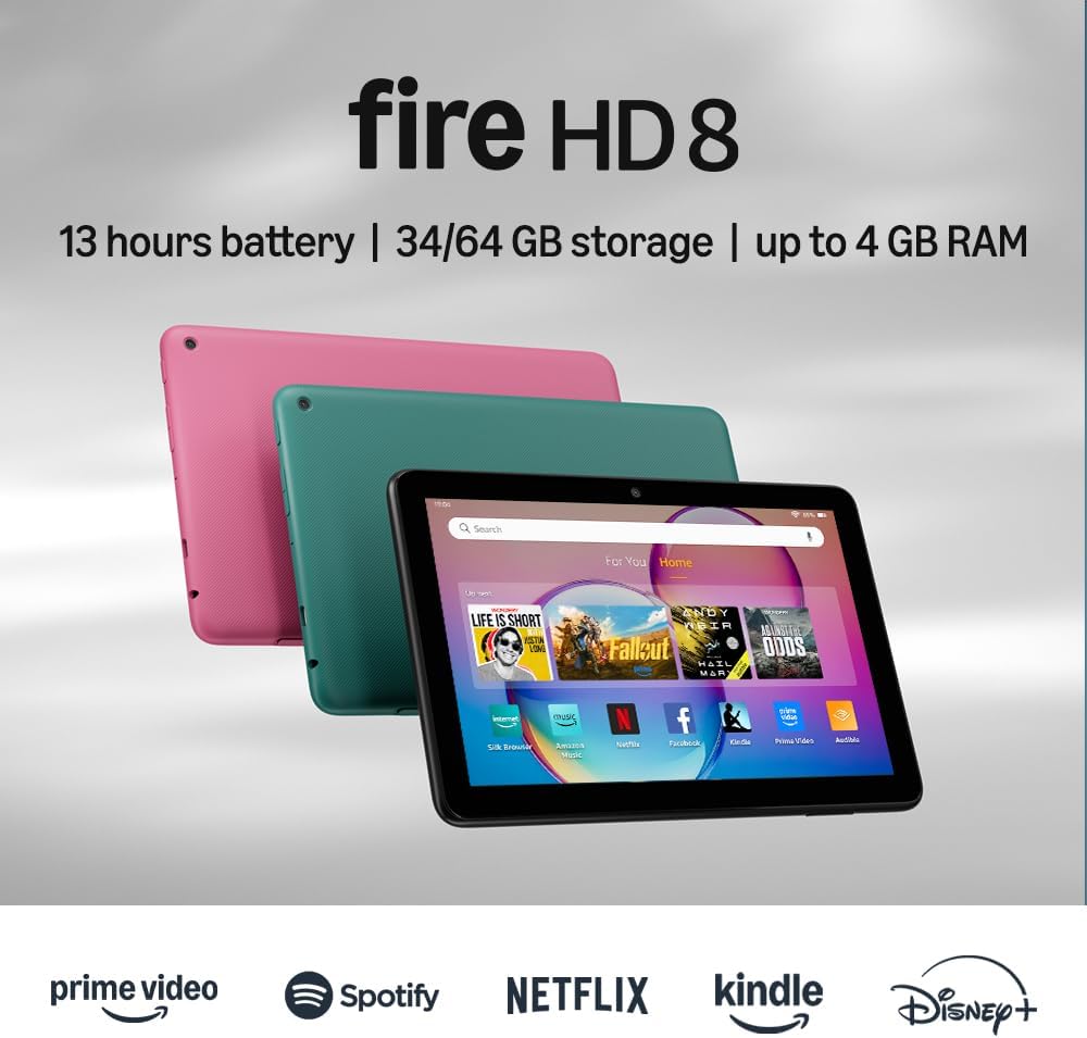 Amazon Fire HD 8 平板電腦（最新型號），8 英寸高清顯示屏，4GB 內存，64GB，反應靈敏，充滿活力，專為便攜式娛樂而設計，黑色
