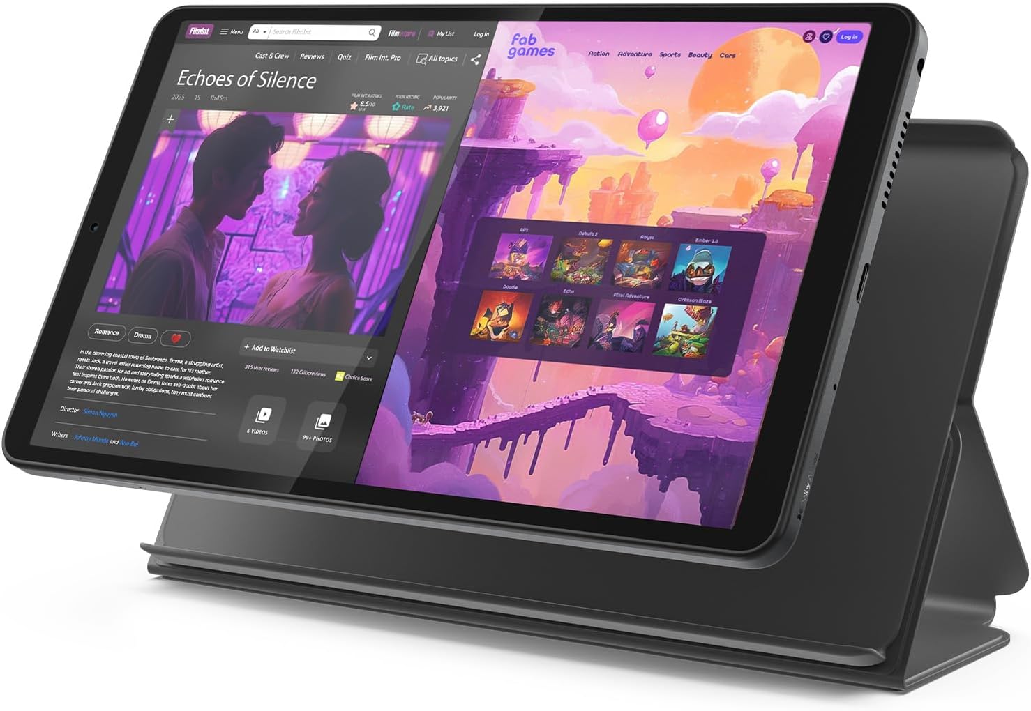 Lenovo Tab One - 輕薄平板電腦 - 長達 12.5 小時的 YouTube 串流媒體 - 8.7 吋高清顯示器 - 4 GB 記憶體 - 64 GB 儲存空間 - MediaTek Helio G85 - 包括 Folio 保護套